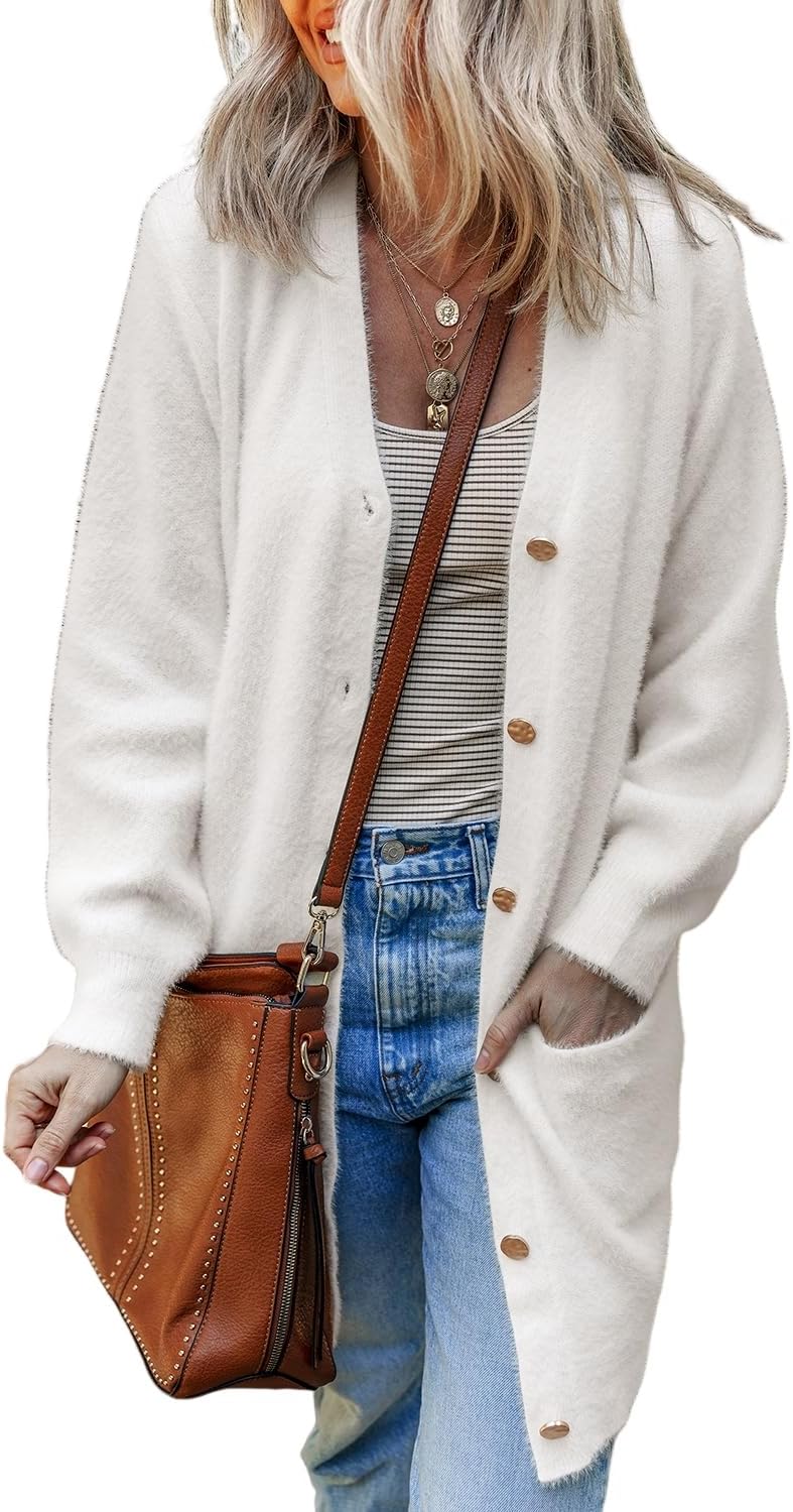 Womens's Cardigan Sweater Long Sleeve Fuzzy Buttoned Front Midi Solid Trendy Jackets Outerwear