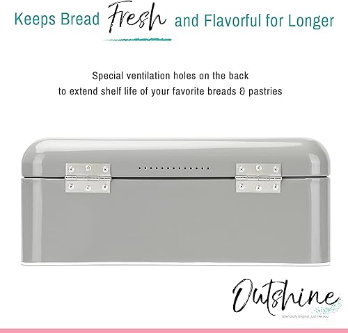 Miniatura 3 de OUTSHINE Juego de panera de metal vintage y soporte para utensilios de cocina, gris, caja de pan grande con tapa abatible, panera de granja y