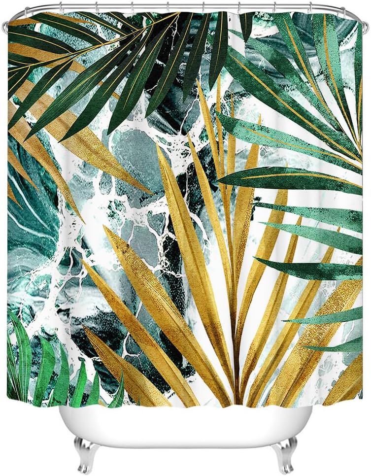 RnnJoile Tropical Shower Curtain Green and Gold Bath Curtain Green Palm Leaves Bathroom Decor with Hooks 72"×72"