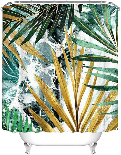 RnnJoile Tropical Shower Curtain Green and Gold Bath Curtain Green Palm ...
