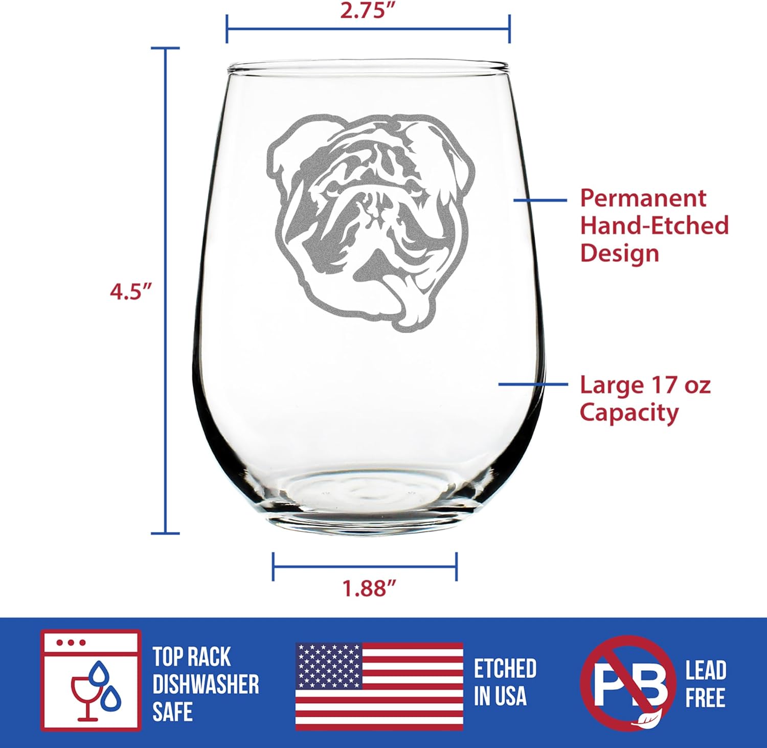 Custom Bulldog Stemless Wine Glass - Large Glasses - Cute Gifts for Dog Lovers with English Bulldogs - Customized Glasses