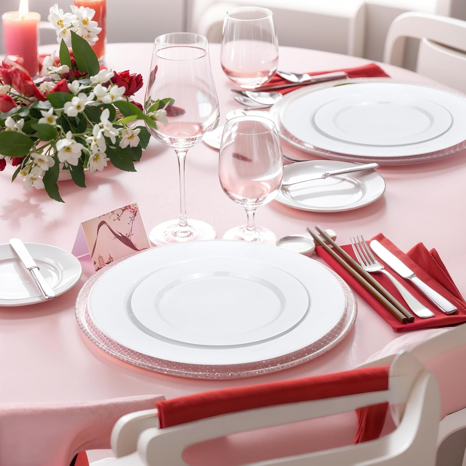 FLOWERCAT 200PCS White Plastic Plates Disposable Plates for Party - Heavy Duty Plastic Plates - 100 10" Dinner Plates and 100 7" Salad Plates for Wedding & New Year Parties and Events