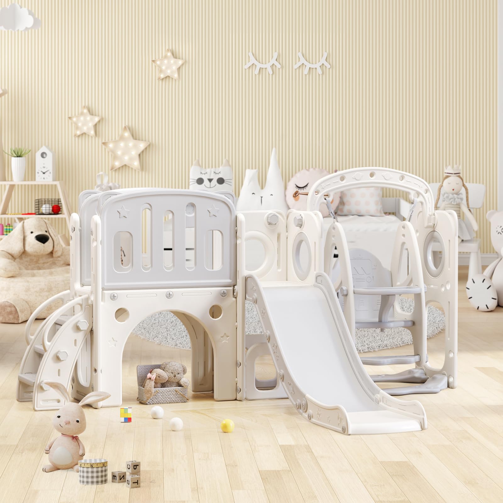 Rutsche und Schaukel für Kinder, 7-in-1Kinder Spielplatz mit Rutsche, Schaukel, Basketballkorb, Klettern,Treppe, Bohrspiel und Stauraum - Rutsche Set für Kindergeschenk