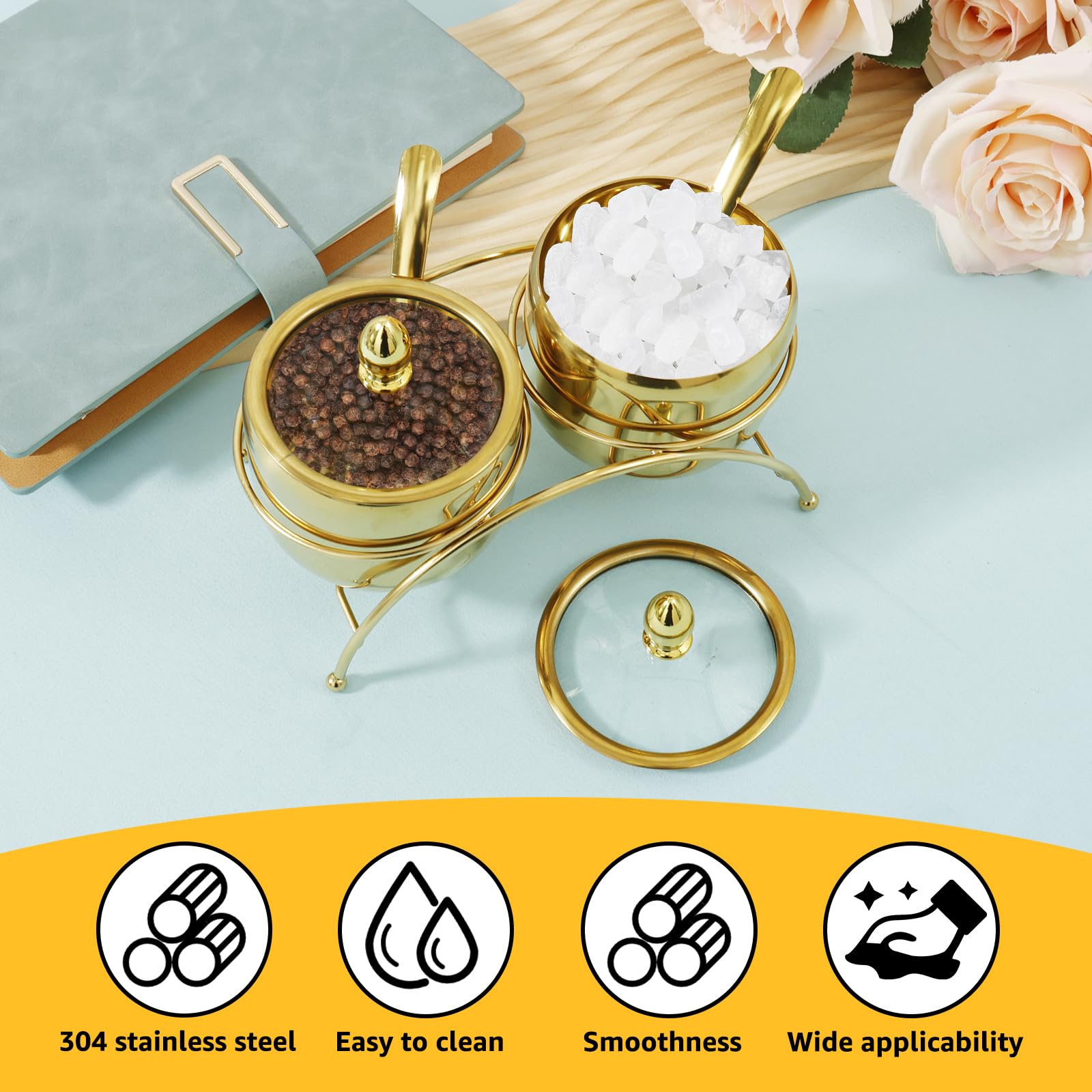 bigjvbfv Stainless Steel Sugar Bowl Set with Clear Glass Lid Bracket Rustproof Seasoning Box Smooth Condiment Pots Compact Sugar Container Reusable Seasoning Jar Spice Container for Salt Candy