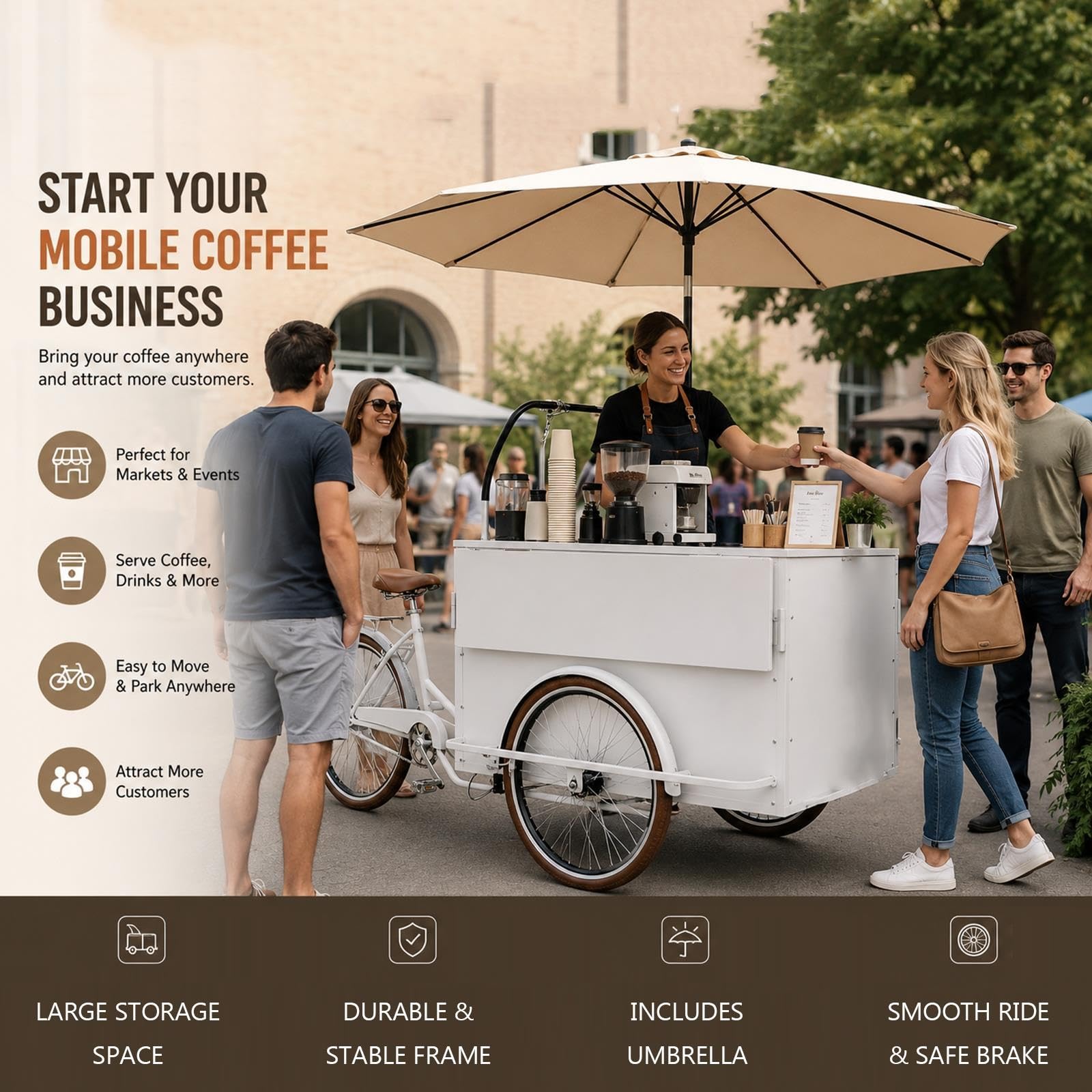 Carrello alimentare commerciale con ombrello, perfetto per caffè, gelati, street food ed eventi pop-up, portatile giallo