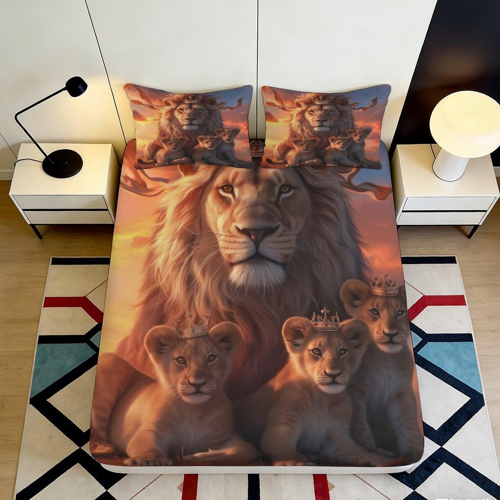 3D Printed Lion Family Fitted Sheet Microfiber Soft Breathable Sunset Savanna Bed Cover for Bedroom Dorm Decor 90x200x25cm