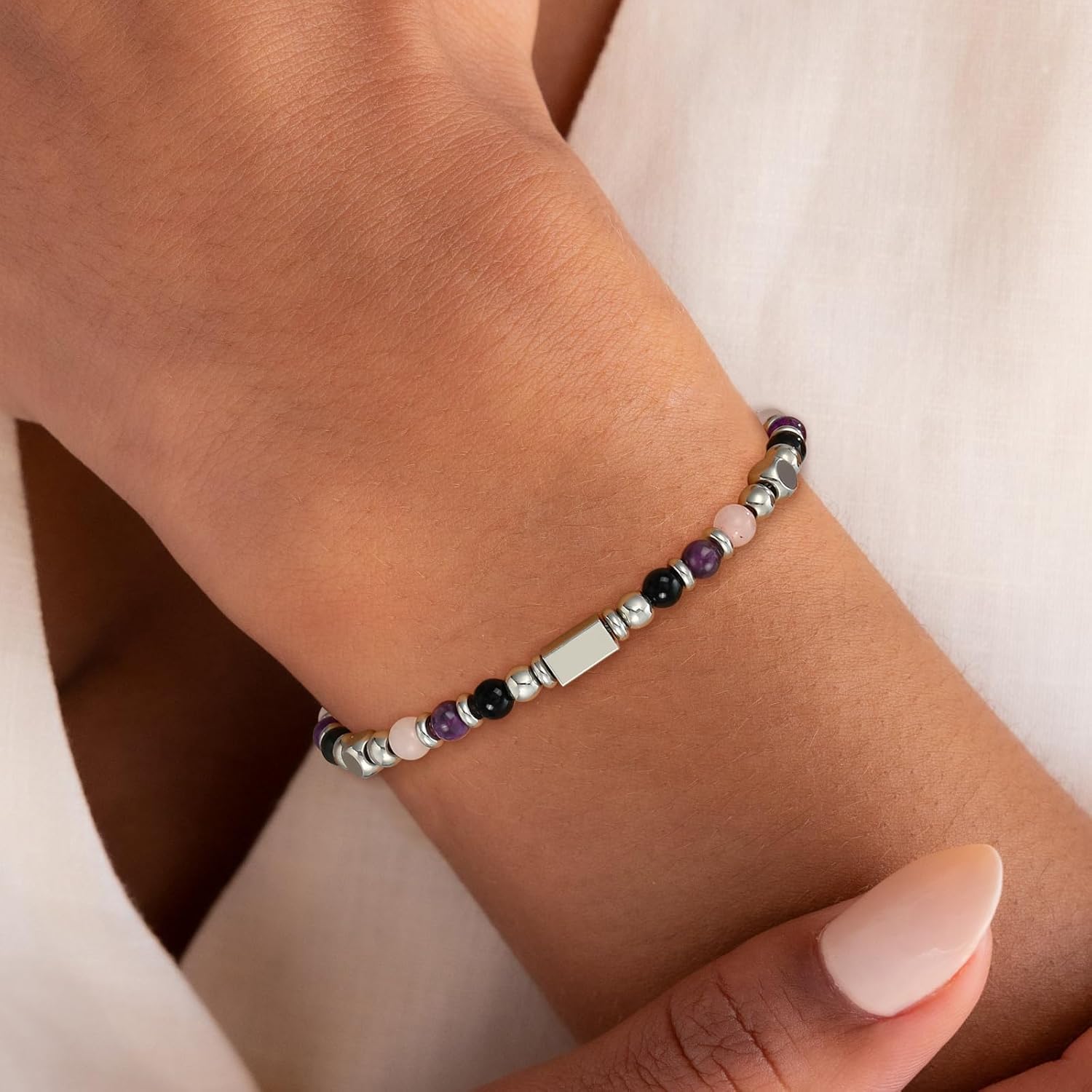 Natural Healing Crystal Bracelet for Women, Triple Protection Anxiety Relief New Beginnings Good Luck Empath Protection Jewelry Gift for Friends Daughter Mom 6.5+1.8 Inches - Image 2