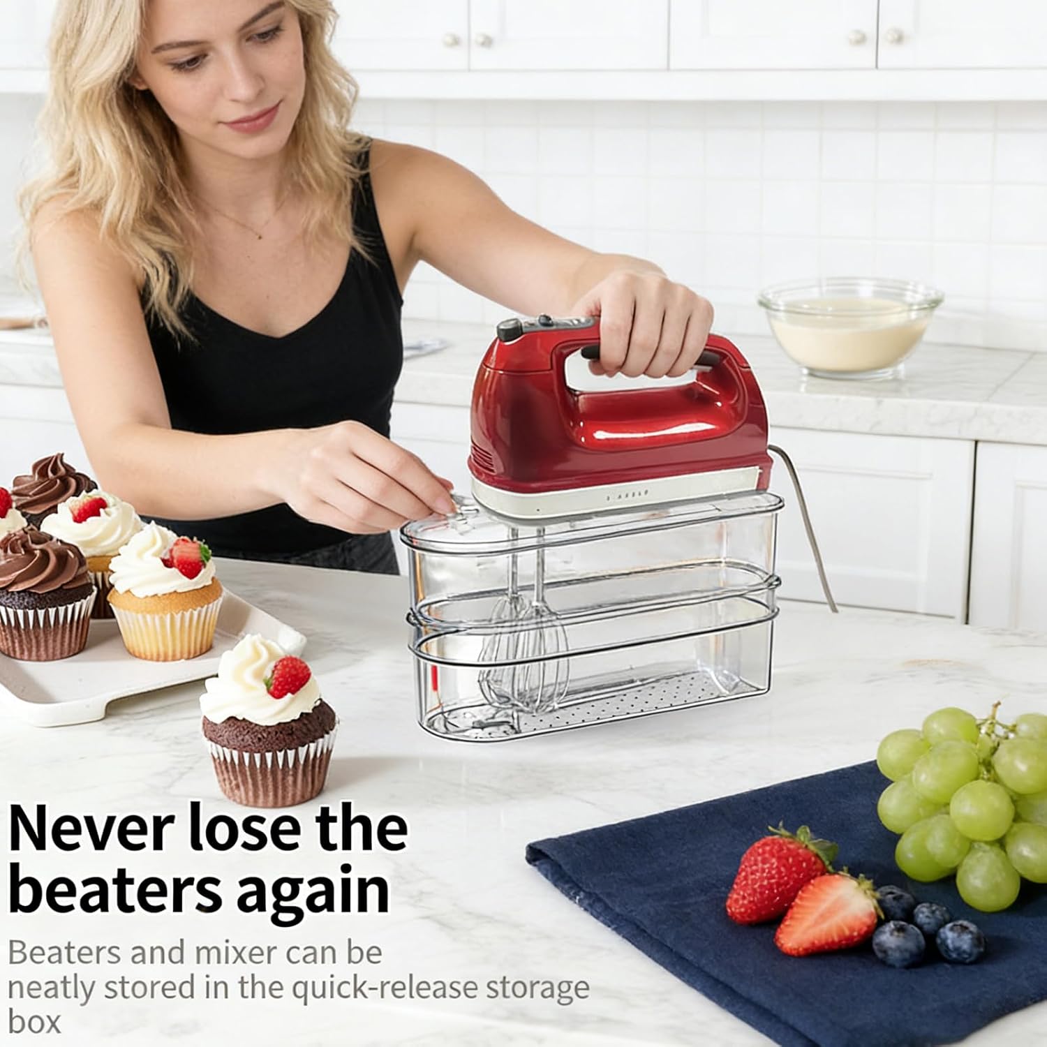 Clear Hand Mixer Storage Case - 2-Layer Acrylic Kitchen Organizer and Countertop Holder for Kitchen Aid & Other Hand Mixers, Utensils, Whisks, and Mixing Accessories - Dustproof, Space Saving