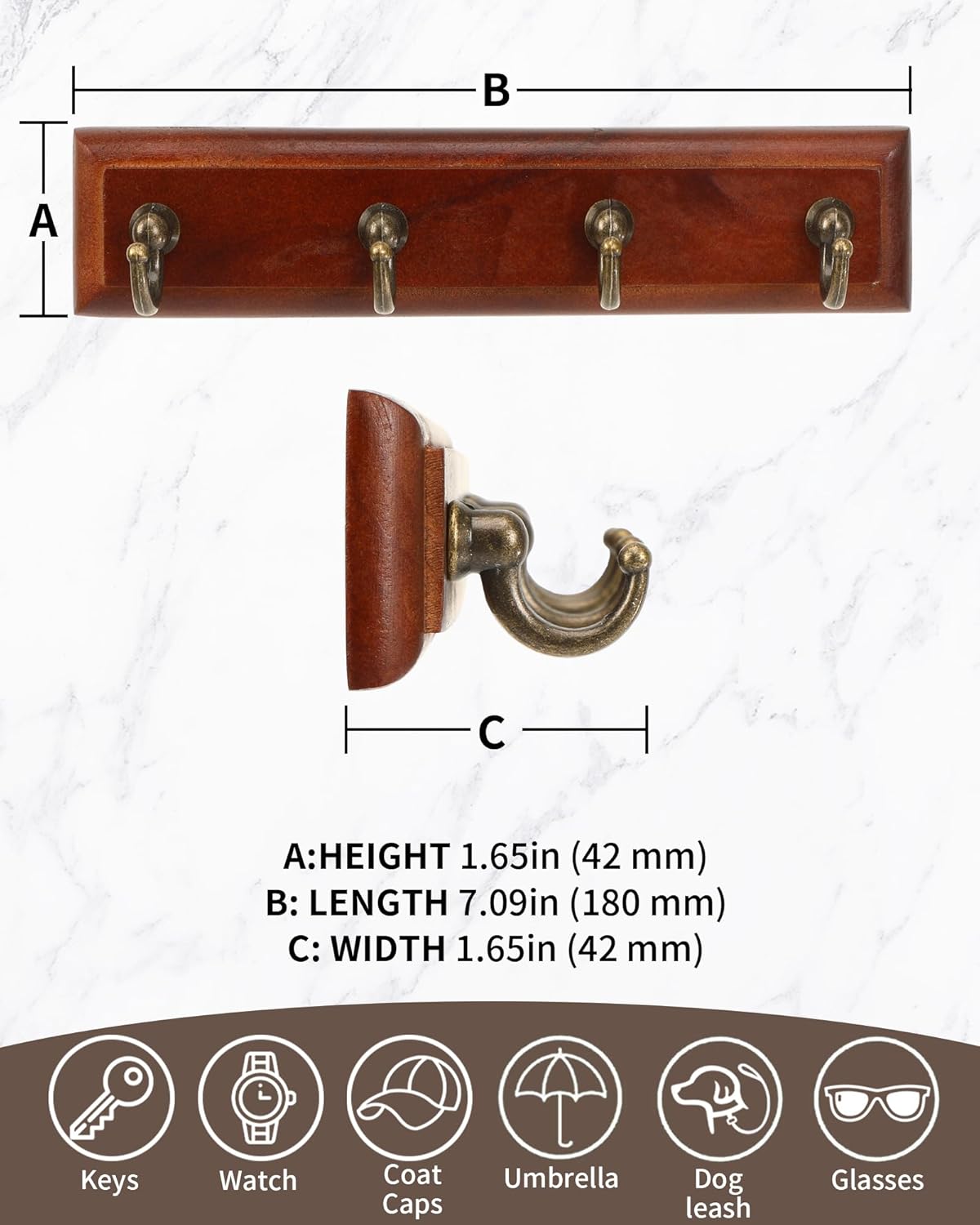 CypherX Key Holder Wall Mount Adhesive, Easy Removal Super Adhesive Tapes, No Damage Small Key Rack with 4 Hooks for Entryway Door Bathroom and Kitchen (Brown) Brown-S