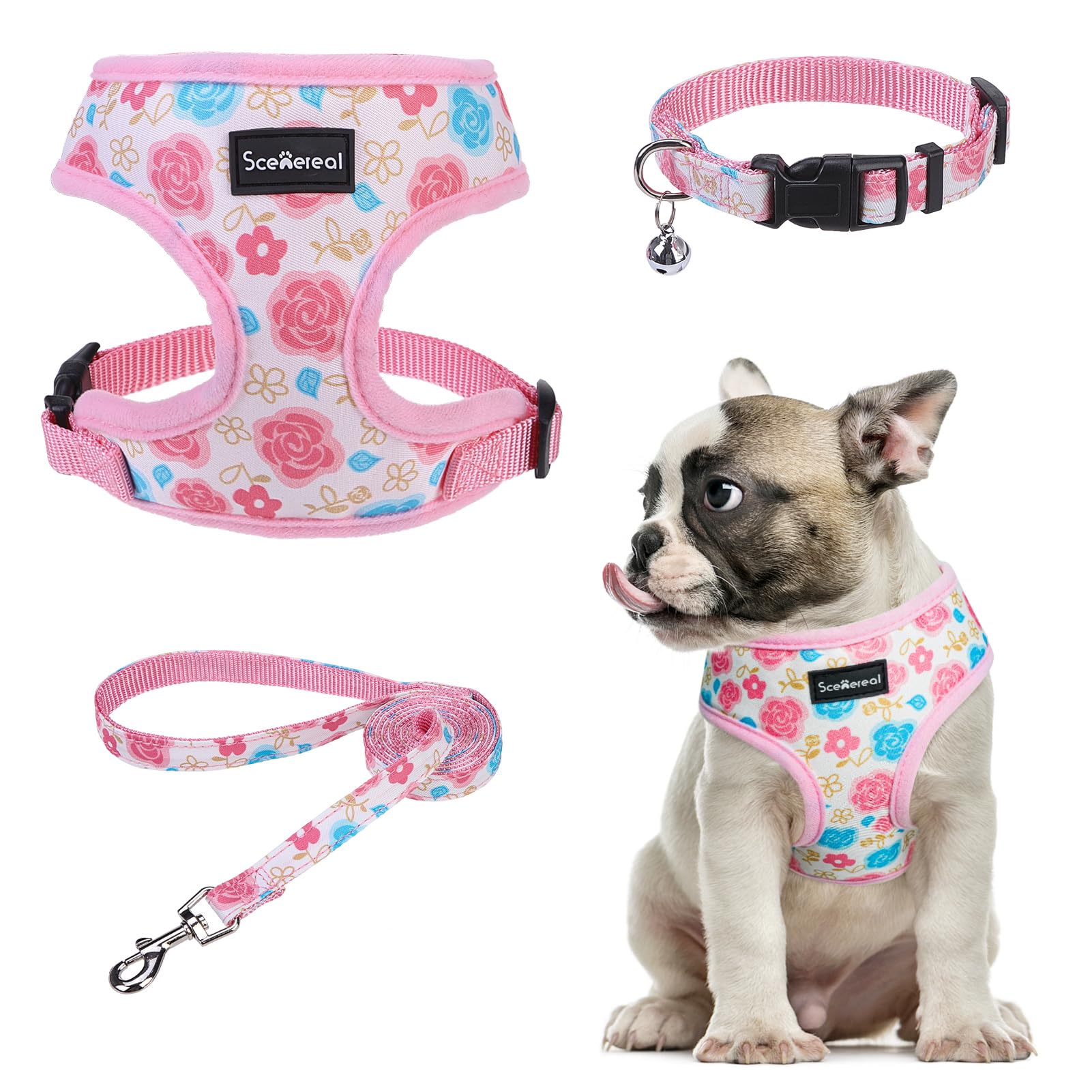 SCENEREAL Small Dog Harness Collar and Leash Set, Adjustable No Pull Pet Harnesses, No Chock Soft Mesh Vest for Doggie Puppy Medium Dogs Cats Girl or
