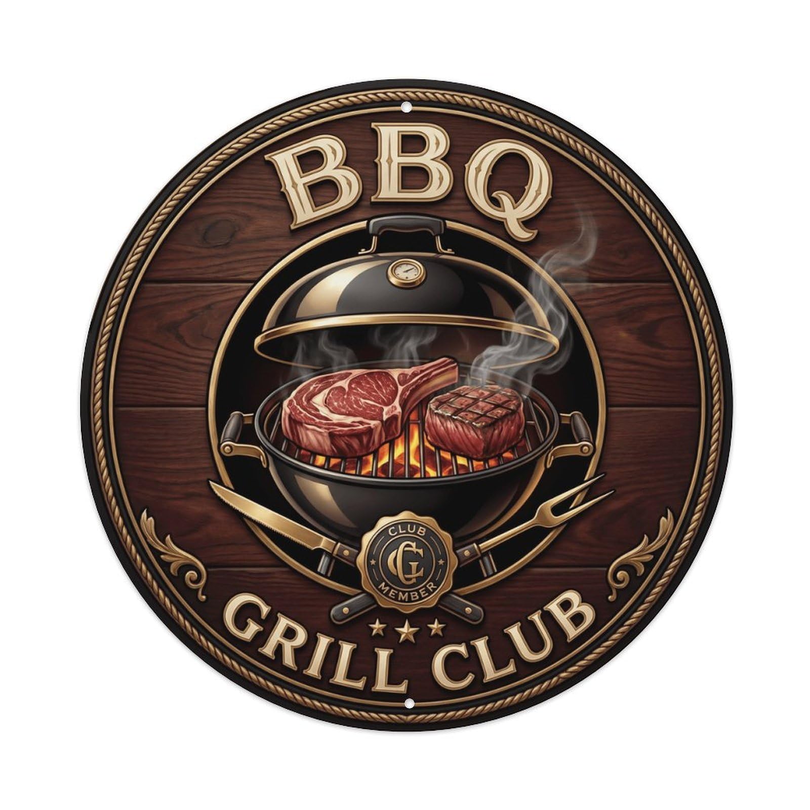 BBQ Barbecue Grill Club Vintage Metal Tin Sign Plaque Wall Decor for Cafe, Club, Garden Round Metal Poster 8x8Inch