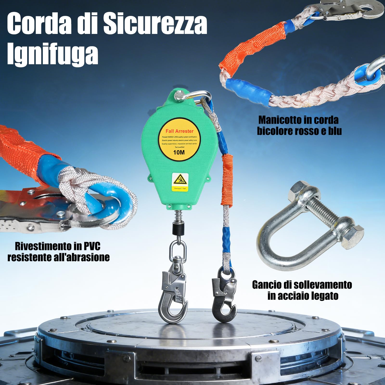 Dispositivo Anticaduta Retrattile, Imbracatura di Sicurezza Anticaduta, Dispositivi Sicurezza con Funzione di Blocco Automatico, Imbracatura Anticaduta per Lavori in Quota(Verde,10m)