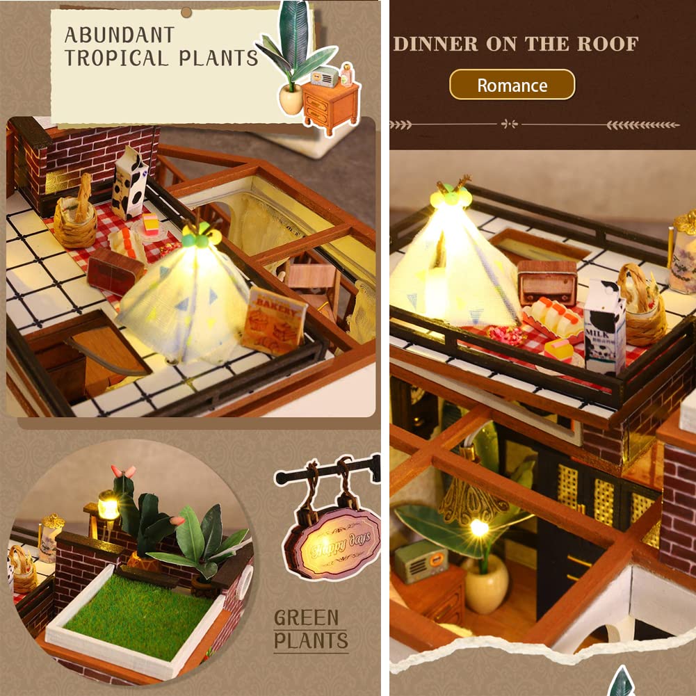 Mini casa con LED DIY kit de casa de muñecas habitación creativa miniatura vintage estilo europeo juguete rompecabezas Navidad montado casa de muñecas para niñas mujeres