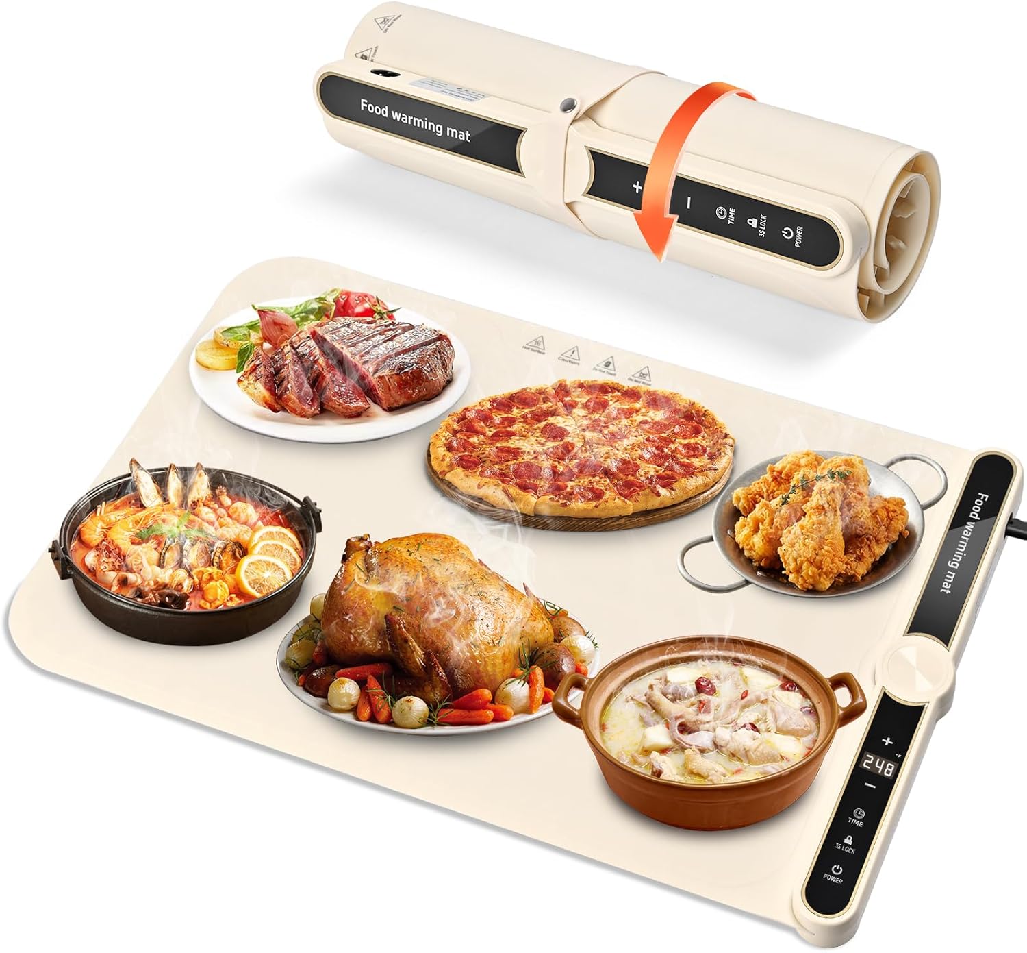 Food Warming Mat - Silicone Electric heating Tray, 9 Adjustable Temperature Timer & Auto Shut-Off, Full Surface Rapid Heating, Portable Warming Mat For Food Ideal for Buffets Party Gatherings (Beige)
