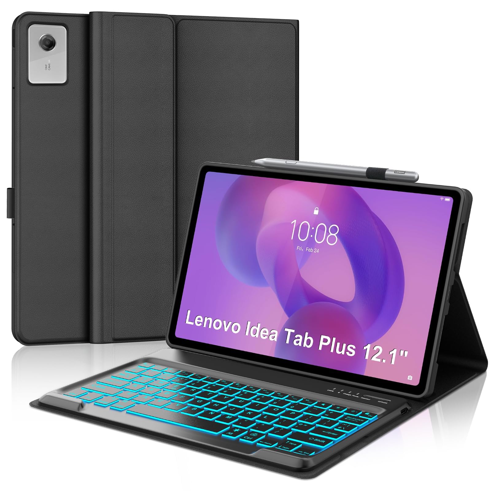 Teclado Lenovo Idea Tab Plus 12.1 funda tipo libro con luz para proteger el lápiz 8