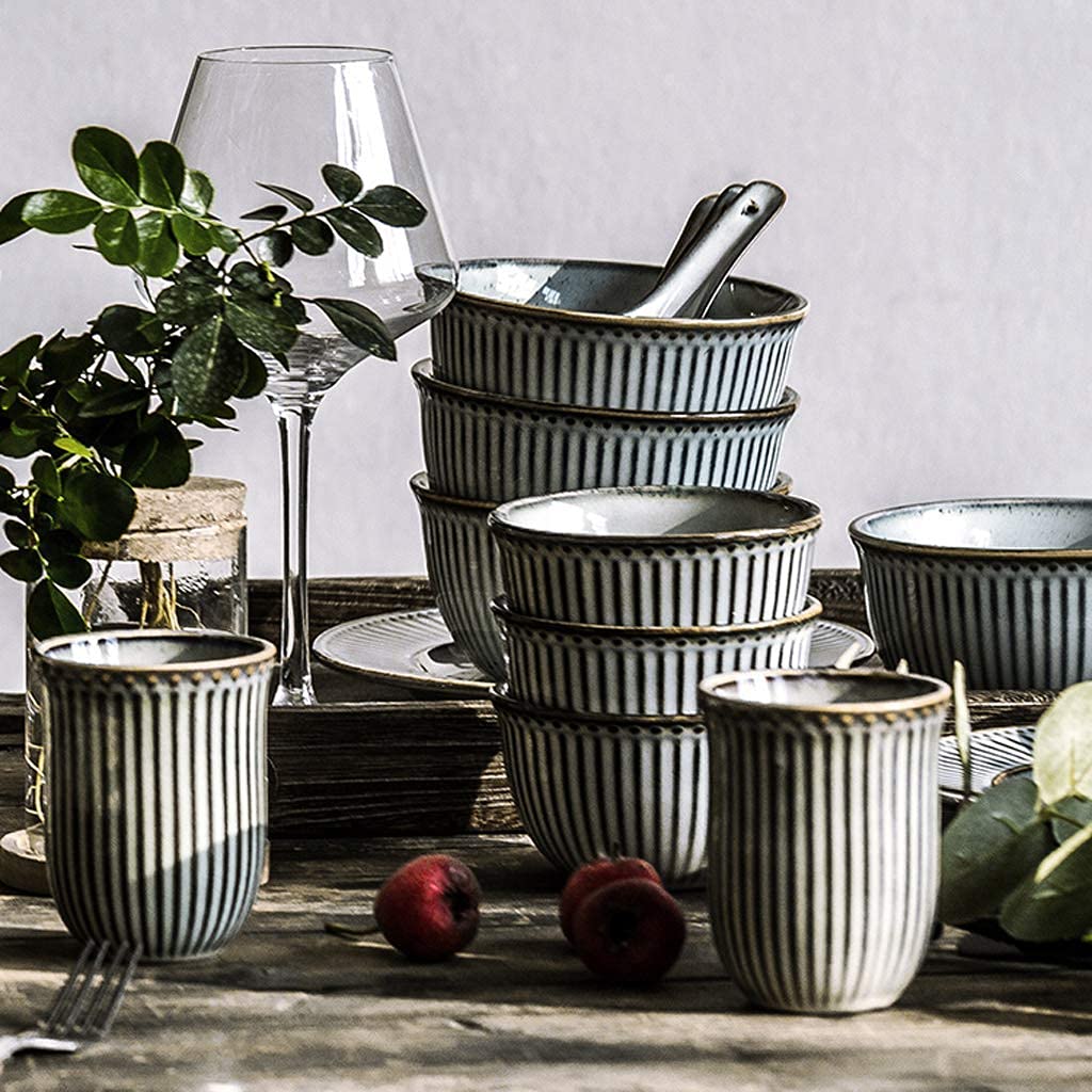 Zestaw obiadowy, Zestawy obiadowe ceramiczne, 38 elementów, retro tłoczone pionowe paski, zestaw obiadowy, porcelanowa miska na płatki zbożowe, łyżka i talerz dla rodziny Gatheand Restaurant