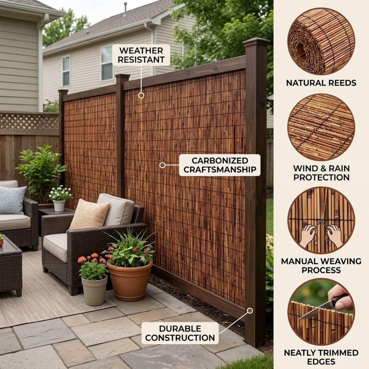 Arella in Bambù Naturale Privacy 100/120/130/150/180 cm Cannette in Canne Canniccio con Fascette per Esterno Rilegate Giardino Terrazza Balcone Piscina Gazebo Stuoia Ombreggiante(Bianco,H80xL150cm)