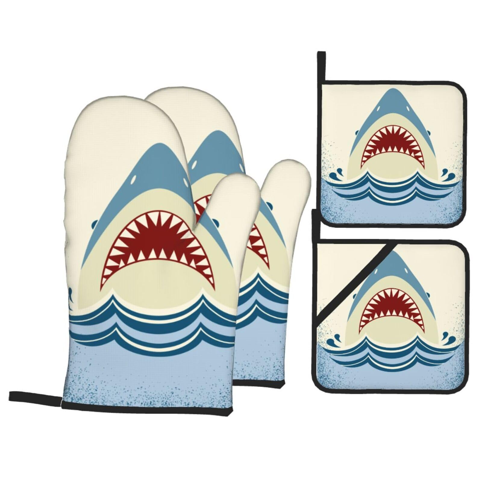 Gearsly Oven Mitts and Pot Holders Set of 4,Cartoon Shark Jaws Oven Gloves Heat Resistant Pads Non-Slip Waterproof for Kitchen Baking Cooking Grilling