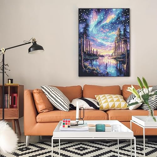 Miniatura 7 de Offito Kits de arte de diamantes de cielo estrellado para adultos, kits de pintura de diamantes de lago Aurora 5D para principiantes, paisajes