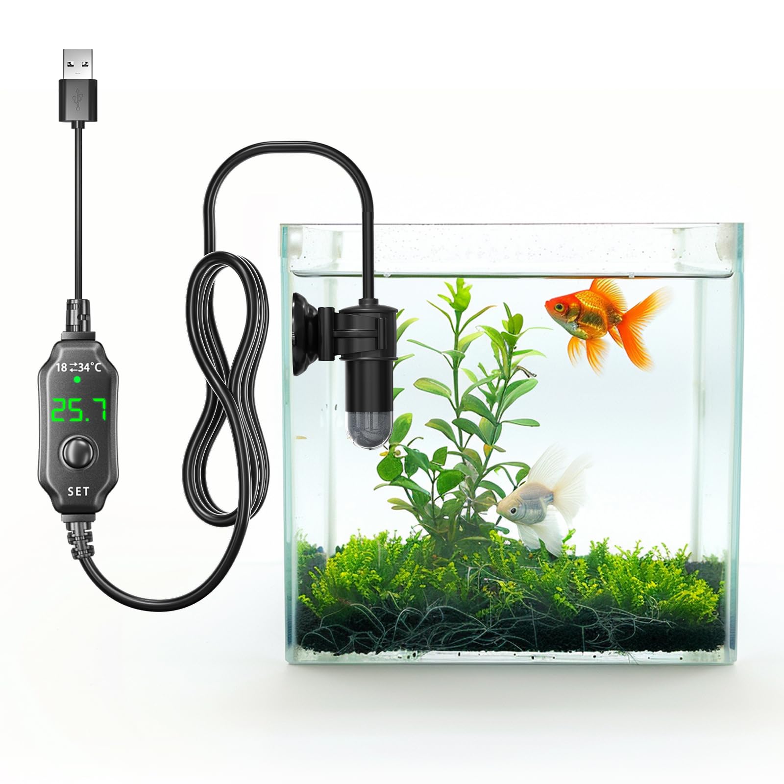 10W Mini Submersible Digital Aquarium Heater DC5V Fish Tank Heater with Thermometer, External Temperature Controller, LED Display, for Betta Fish, Turtle, etc