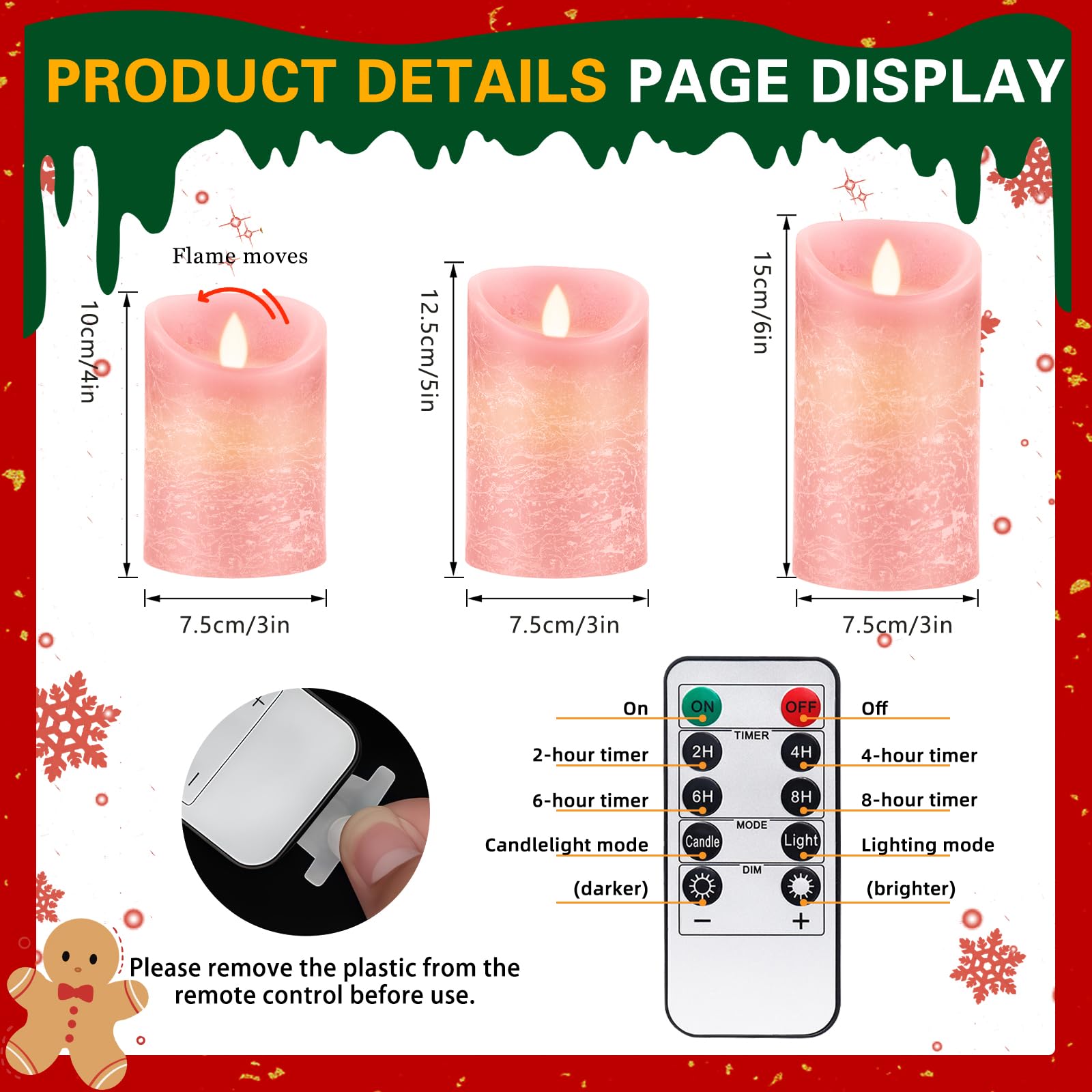 Candele LED, [Set di 3] Candela a Batteria a LED Senza Fiammacon Timer Telecomando Fiamma Tremolante, Luce Bianca Calda, Lumini LED Elettriche, Dimmerabili per Casa Festival Decorazioni - Rosa