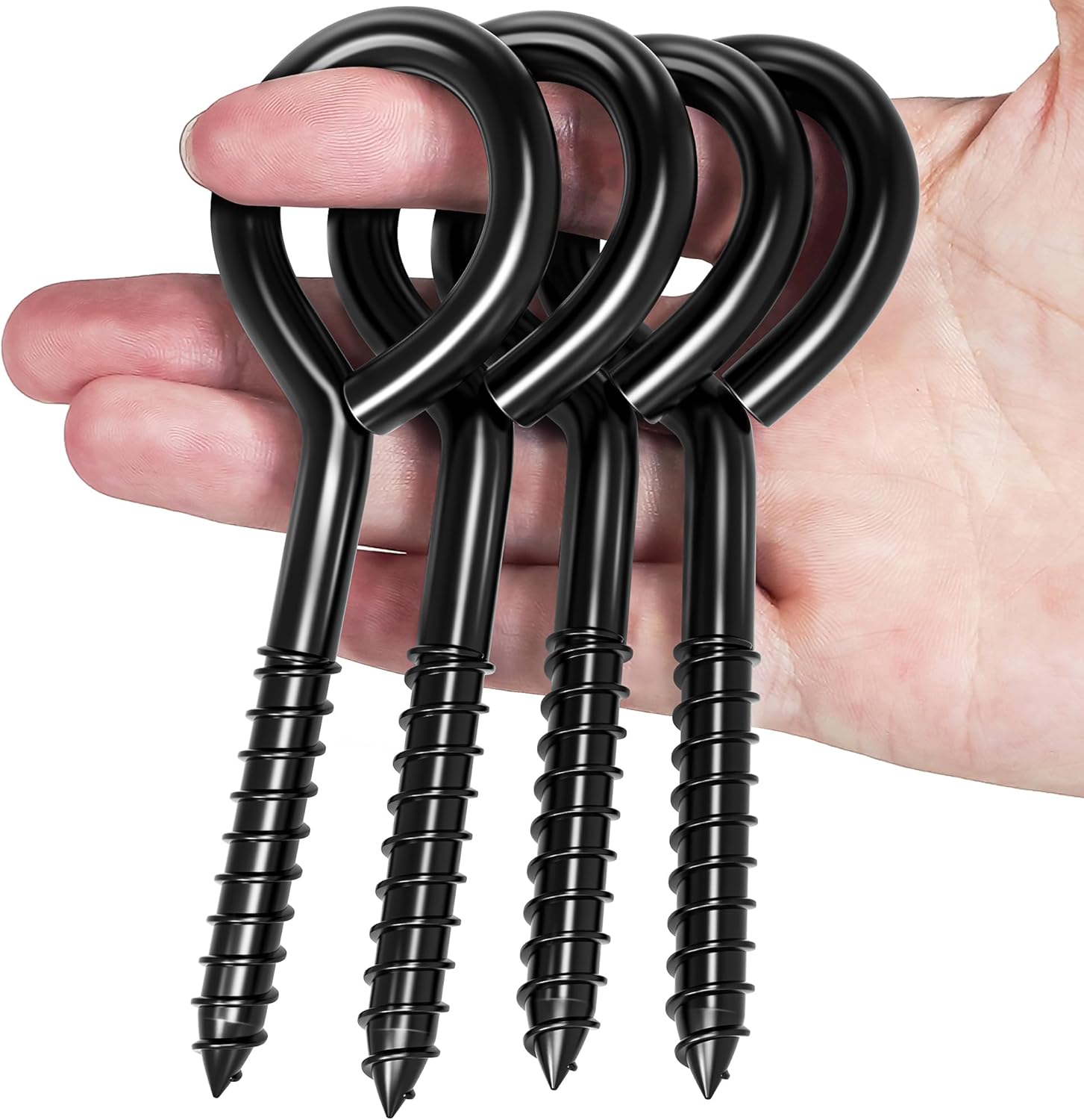 4 Pack 5 Inch Eye Bolts Screw in Hooks, Heavy Duty Black Large Screw in Eye Hooks, Eye Hammock Stand Hooks Screw for Hanging, Tie-Downs, Heavy Indoor & Outdoor Uses