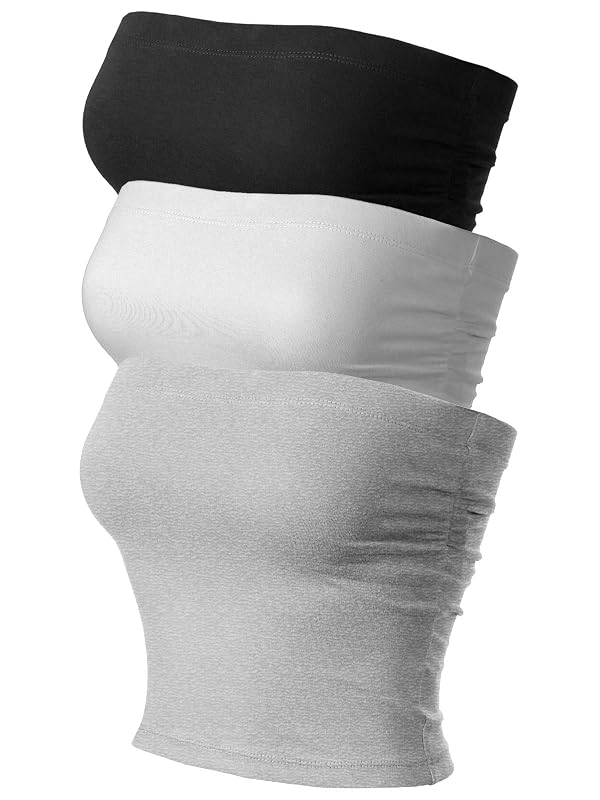 MixMatchy Women's Solid Casual Summer Side Shirring Scrunched Double Layered Tube Top 3PACK - Black/H.Grey/White XS by MixMatchy - Used condition - US$24.19