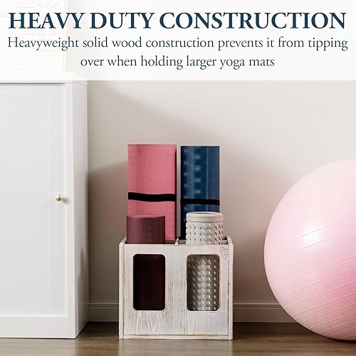 Miniatura 3 de MyGift Estante de madera encalada para esterilla de yoga, montado en la pared o en el suelo, organizador de rodillos de espuma, almacenamiento de