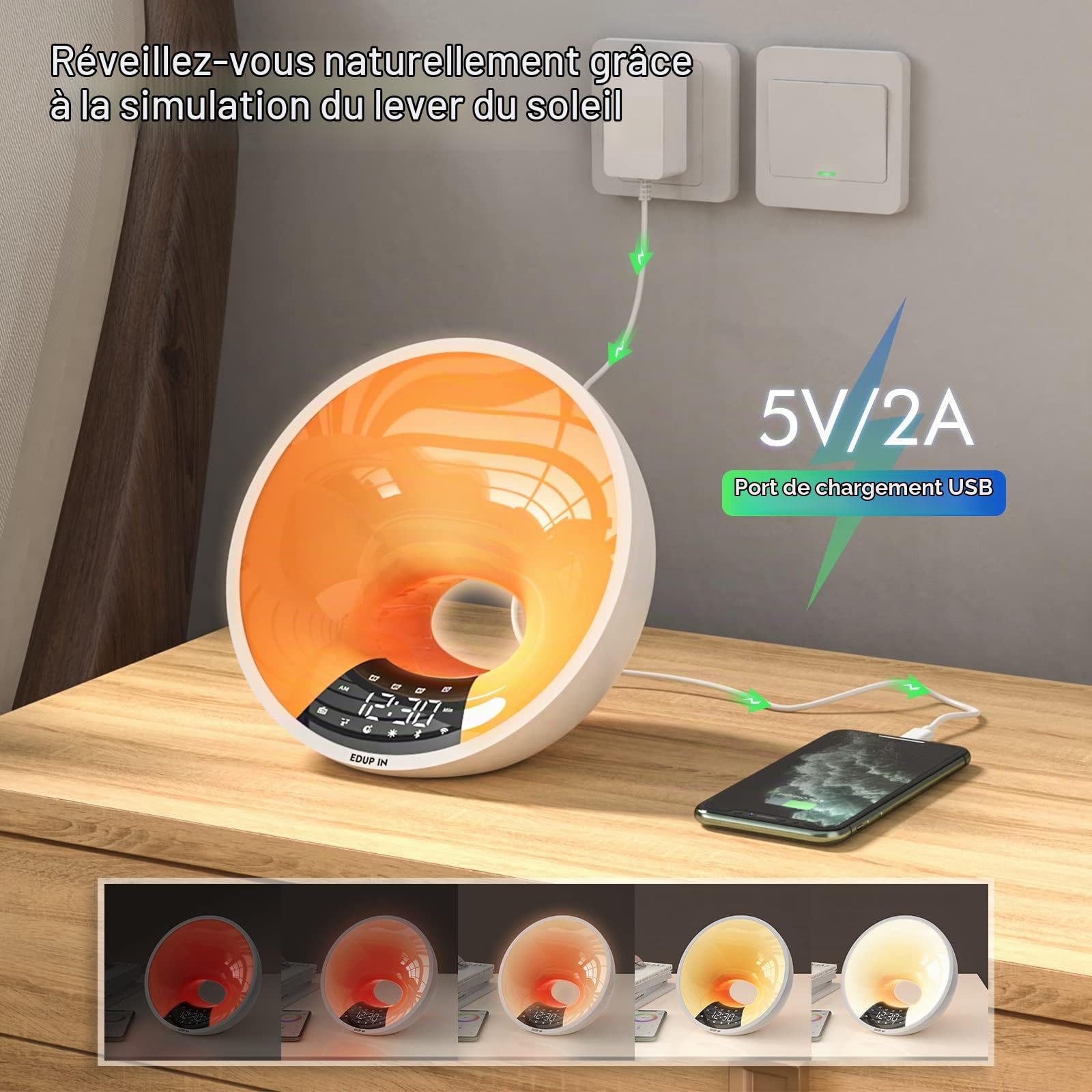 EDUP IN Lampe de Réveil, Réveil lumineux, Wake up light, Simulateur de l'Aube et Aide au Sommeil Contrôle APP Double Snooze Réveil 16 Millions de Couleurs Dimmable Enceinte Bluetooth FM Radio