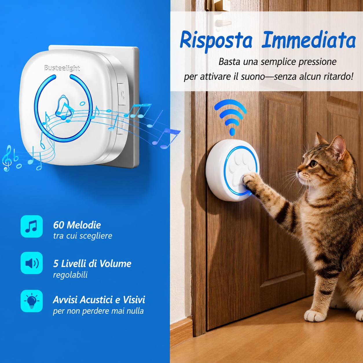 A6 Wt Campanello Intelligente per Cani Senza Fili 300 m – Pulsante per Cani Touch con LED, 60 Melodie, Impermeabile, Sistema di Comunicazione per Animali Domestici (1 campanello e 2 ricevitori)