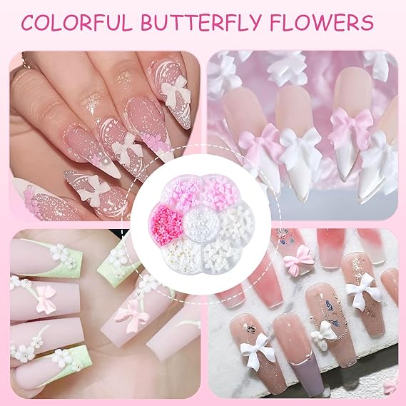 MUNSKT 2-Pack 3D Cute & Punk Nail Charms Set, Pink White Bowknots + Chrome Hearts Crosses, DIY Nail Art, 3D Gems, Gothic Punk, Pearls, Jewelry Accessories, for DIY, Decorations