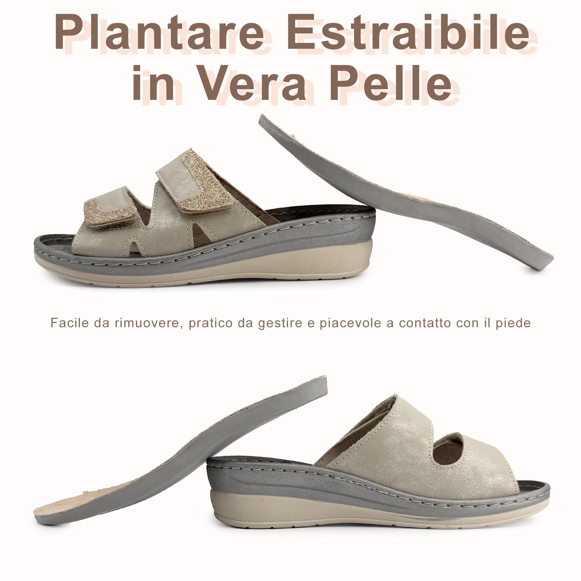 JOMIX Ciabatte Donna Ortopediche con Strappo Pantofole Estive Anatomiche Ergonomiche Plantare Estraibile in Vera Pelle Sandali Comidi Regolabili con Zeppa per Anziana e Piedi Sensibili