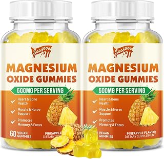 2 Pack Magnesium Oxide 500mg Gummies for Adults & Kids, Supports Nerve Muscle & Bone Health, Vegan Non-GMO Dietary Supplement with Pineapple Flavor, 120 Gummies