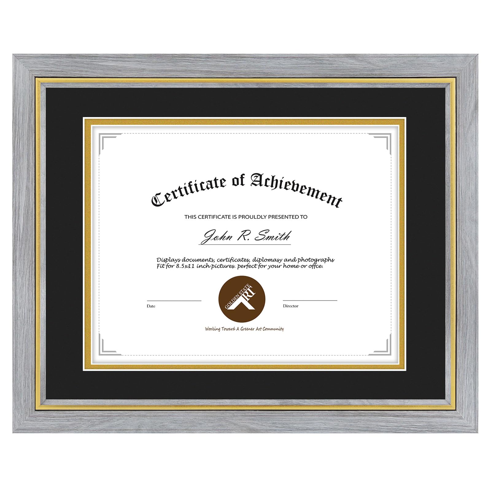 11x14 Diploma Frame Grey Gold Trim Fit 8.5x11 with Black W Gold Double Mat