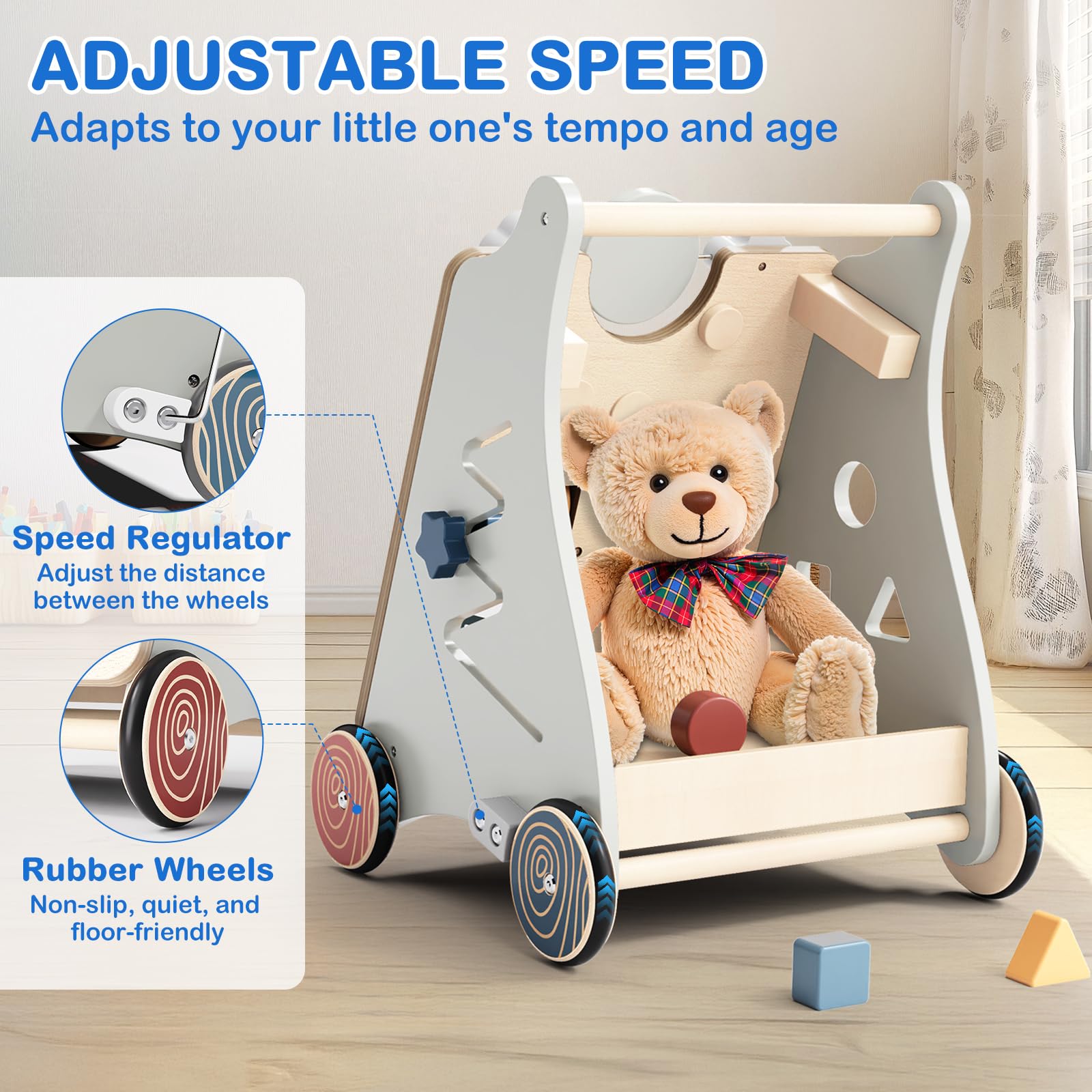 2IN1 Montessori Walker z drewna, zabawka Baby Walker z regulowaną prędkością