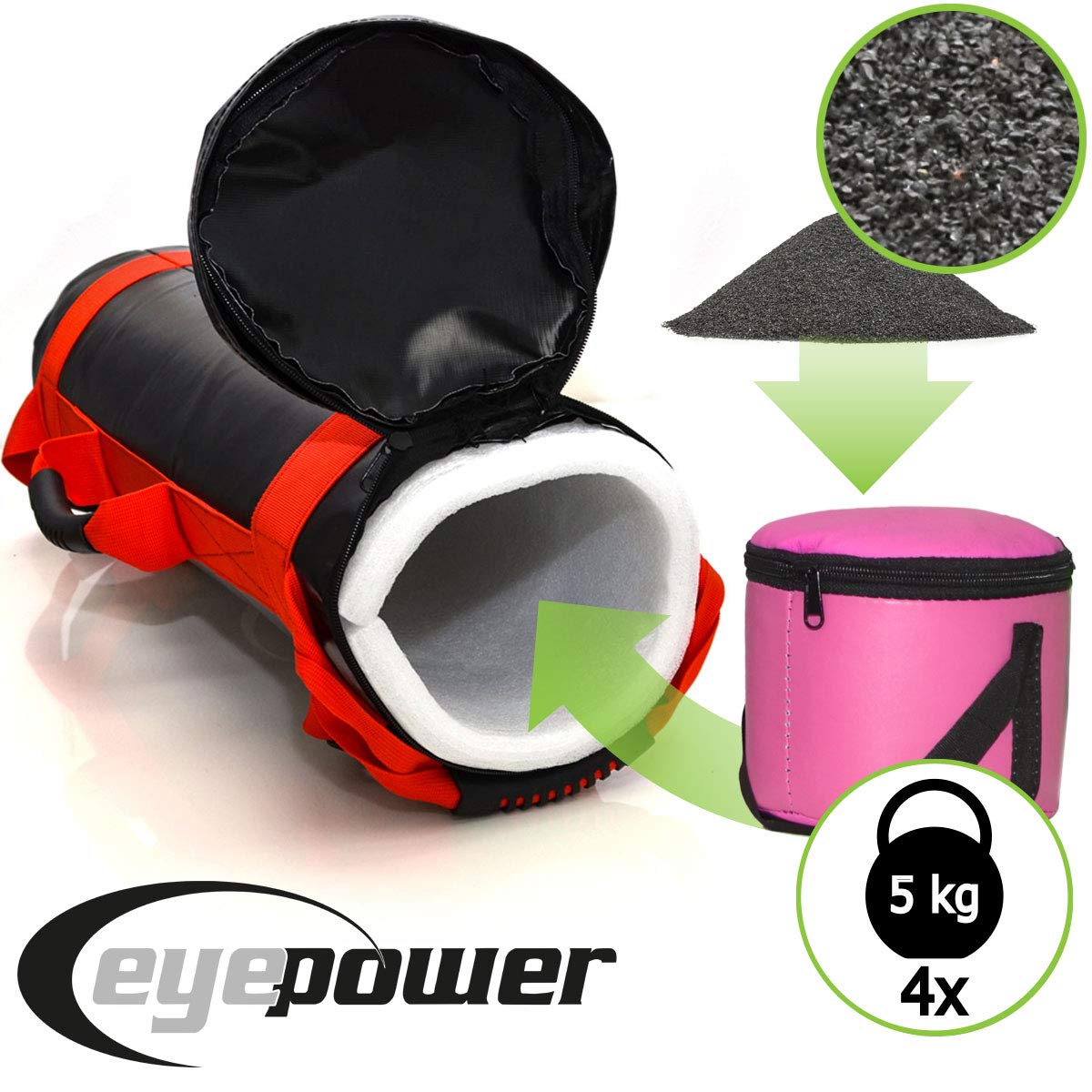 EYEPOWER 20kg Power Bag + 4 Kettlebell Gewichte - Befüllt mit Eisensand - Besser als Geräte: 6 Griffe Fitness Sandbag für Zuhause - 20x60cm Gewichtssack für Home Training - Bauch- und Rückentrainer