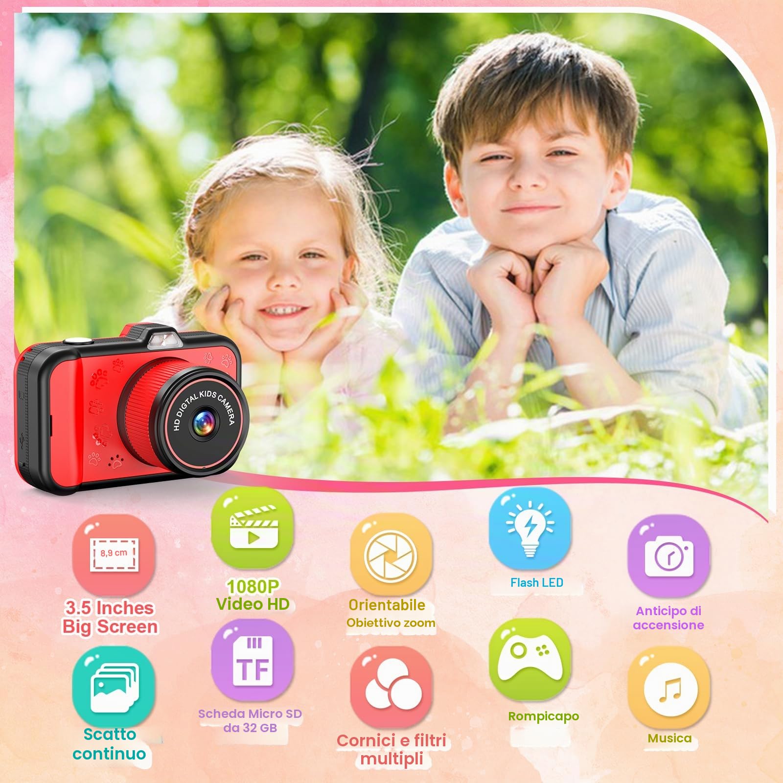Macchina Fotografica Bambini, Ushining 3,5 Pollici Grande Schermo Fotocamera Digitale Bambini con 360° Obiettivo Zoom Rotante LED Flash 32GB TF Scheda, 1080P Videocamera, Regalo per 3-12 Anni