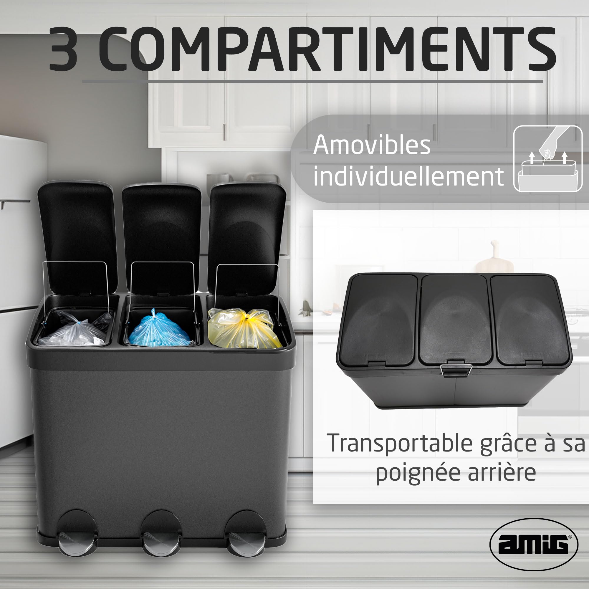 Amig - Poubelle Triple avec Pédales 45 litres - 3 Compartiments Amovibles de 15 litres - Poubelle de Recyclage pour la Cuisine - Acier - 60 x 37 x 49 cm - Noir Mat