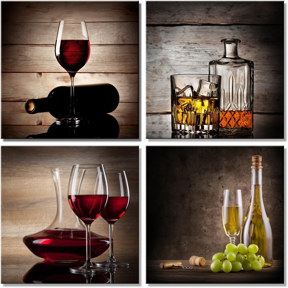 Wieco Art Red Wine Cups Modern Kitchen Wall Art Dinning Room Wall Decor 4 Panels Abstract Canvas Prints Artwork Contemporary Vintage Pictures Paintings on Canvas Wall Art for Kitchen Home