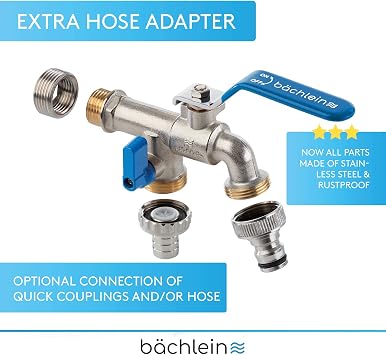 Bächlein Universal Double Outlet Tap for the Garden [Blue] incl. 2 Hose Connections - Noble Double Water Tap with 1/2 and 3/4 Inch Connection, Double Ball Outlet Valve