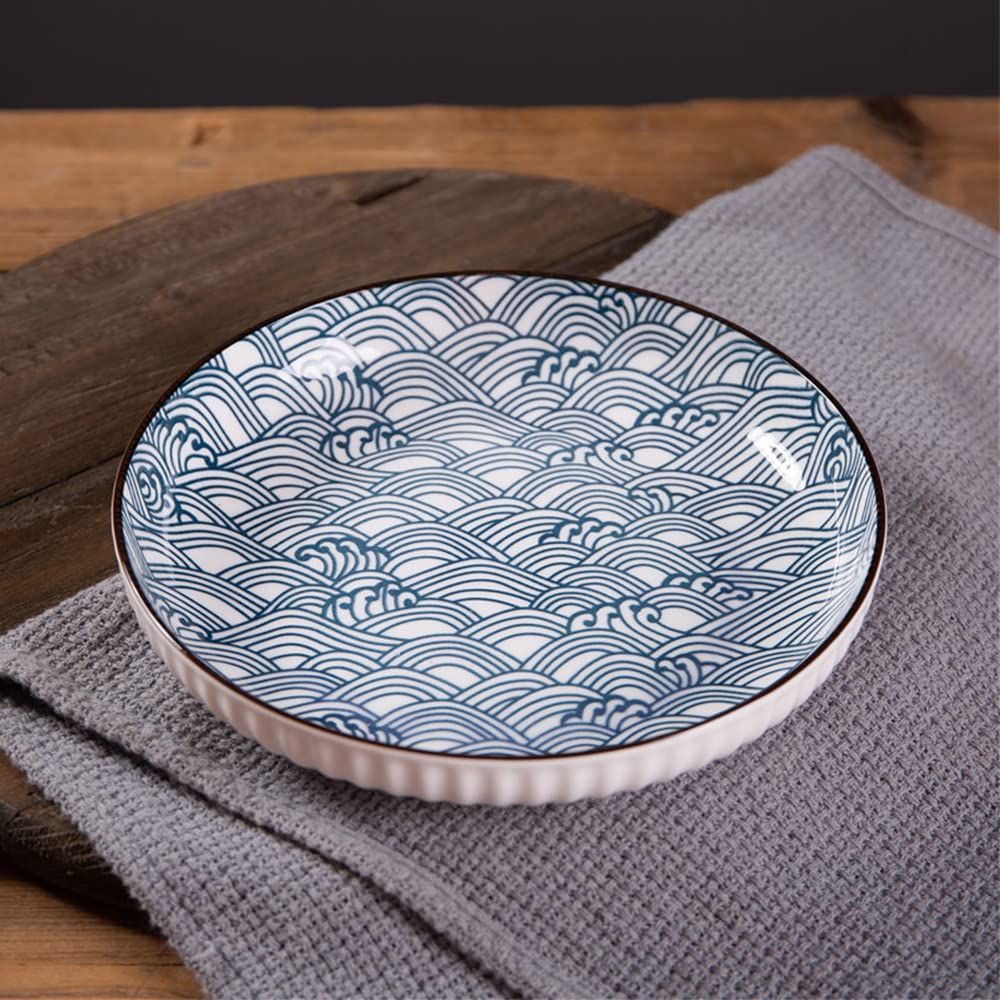 fanquare Assiettes de Dîner Bleues et Blanches de 20cm - Lot de 6, Assiettes Plates en Céramique pour Pâtes, Crêpes, Steak - Compatible avec Lave-Vaisselle et Micro-Ondes