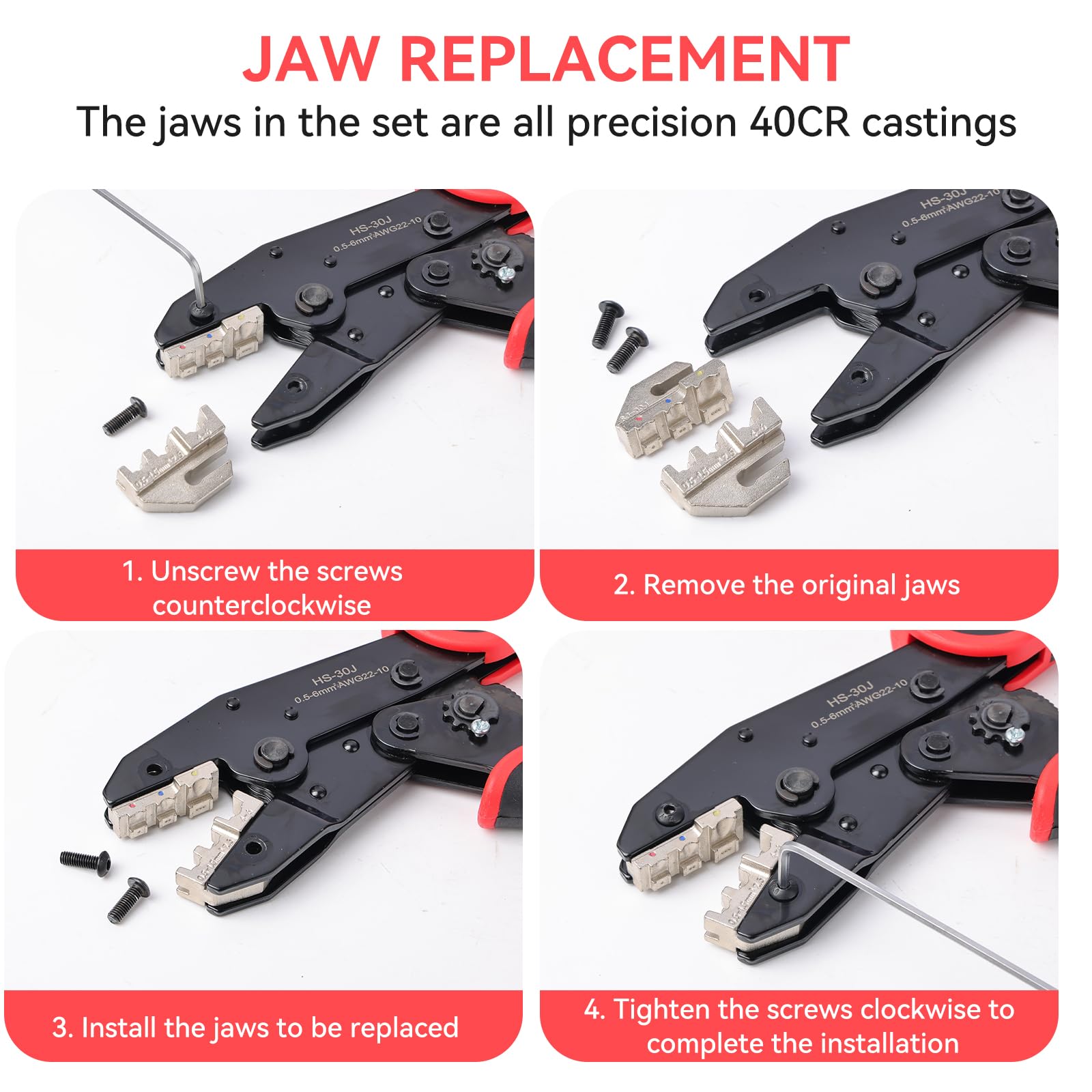 Pinza Crimpatrice Professionale Set con 7 Ganasce Intercambiabili per 0.5-35mm² Kit Crimpaggio per Connettori Solari MC4 Terminali Isolati e Non Isolati, Puntali e Termoretraibili Noir