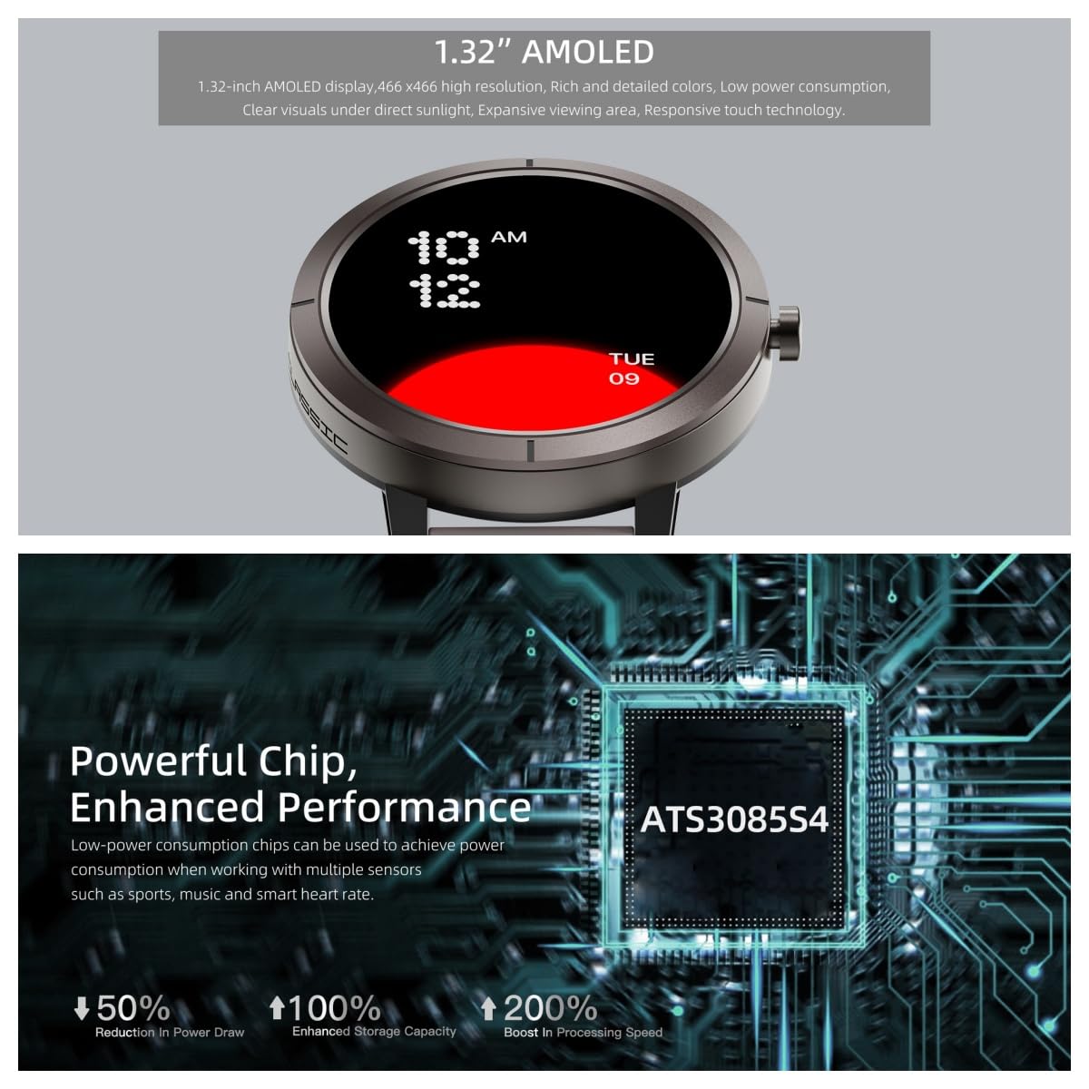 beyerswerk Alpha Sport Smartwatch mit GPS für Männer und Frauen, wasserdichte 5 ATM Schwimmuhr, Anrufe tätigen/annehmen, 1.32'' AMOLED-Display, Fitness-Tracker, Herzfrequenz- und Schlafmonitor