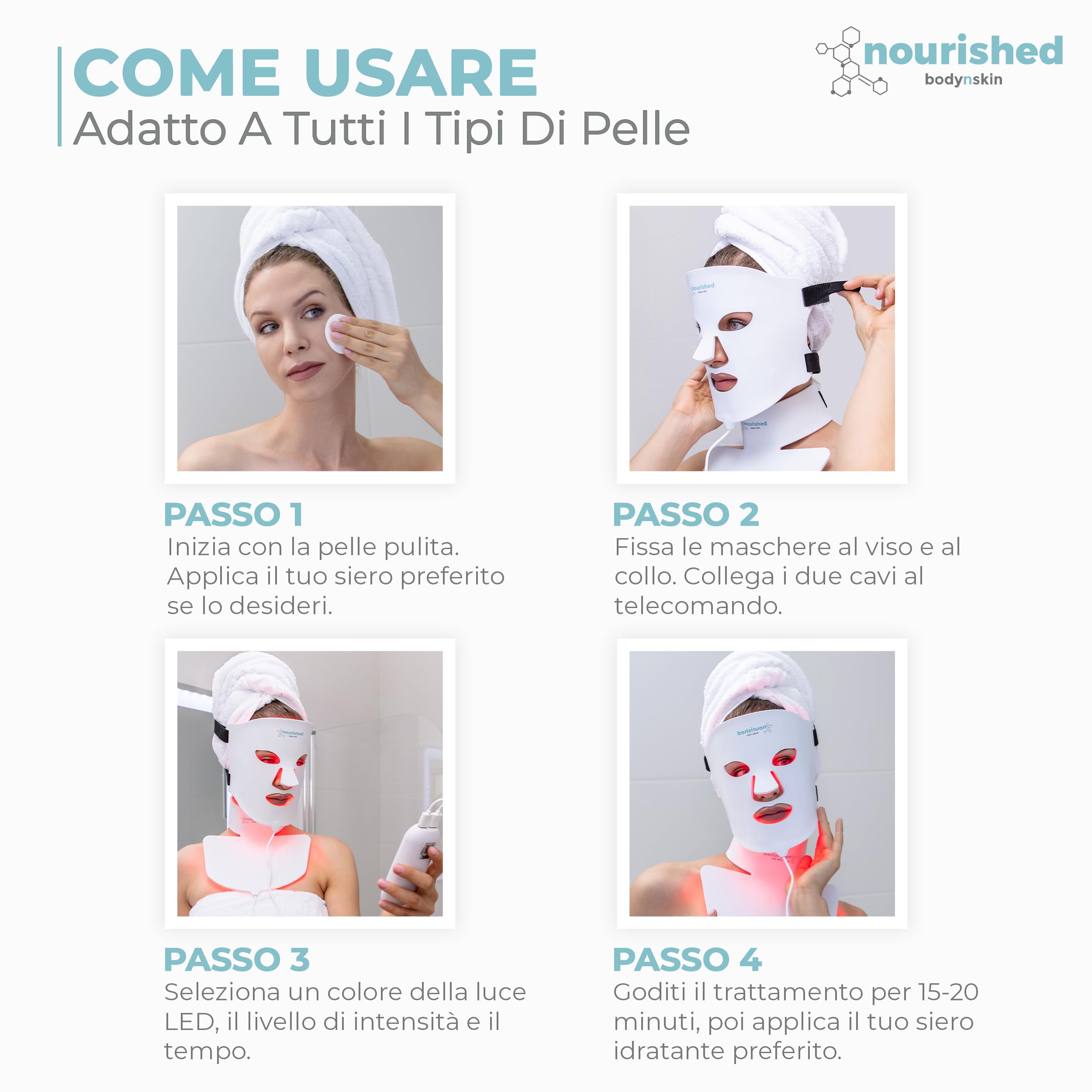 Nourished Bodynskin Maschera di Terapia con Luce LED per Viso & Collo - Dispositivo per la Cura della Pelle del Viso - 7 Colori Rosso & Blu - Ringiovanimento, Prodotto Anti-invecchiamento per le Rughe