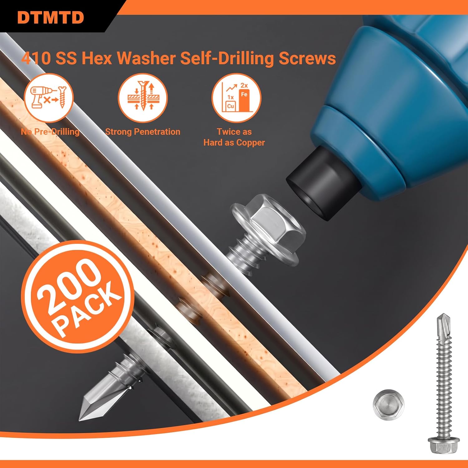 200 PCS M4.2 * 38mm Self Drilling Screws for Metal Stainless Steel Hardware Hex Washer Head Self Tapping Sheet Metal Fasteners 410 Stainless Raw Metal