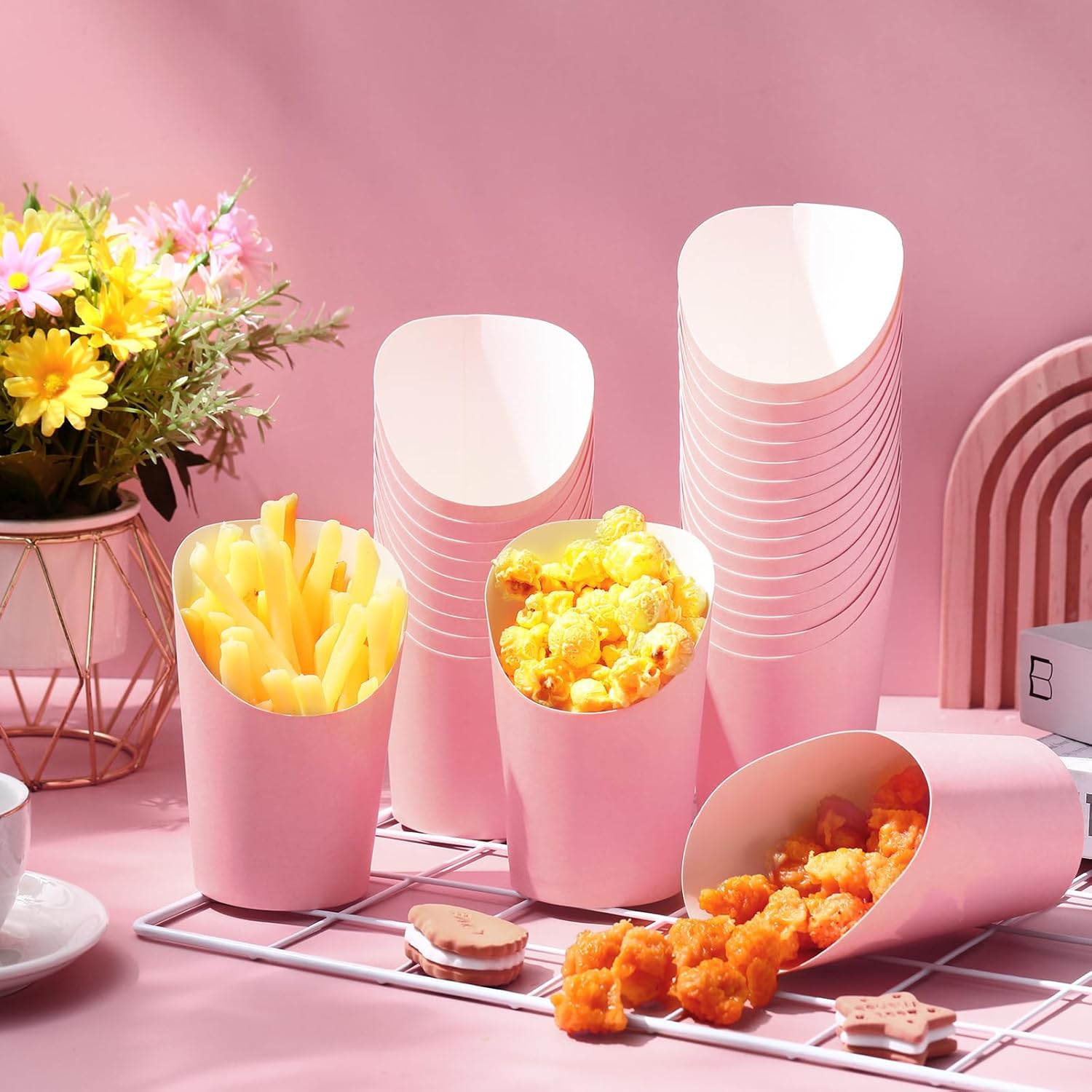 Amyhill 200 Pcs French Fries Holder 14 oz Charcuterie Cups Disposable Take out French Cups Waffle Paper Popcorn Boxes Disposable Sandwich Paper Holder for Wedding Birthday(Pink)