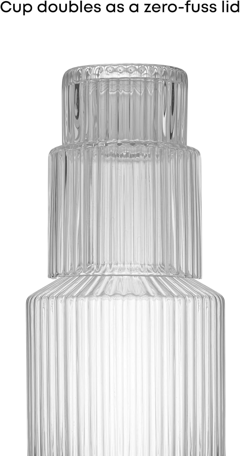 JoyJolt Bedside Water Carafe and Glass Set. Elle Fluted Glass Carafe and Ribbed Glassware. Vintage Nightstand Water, Mouthwash Decanter for Bathroom or Ribbed Vase. Mid Century Modern Glassware