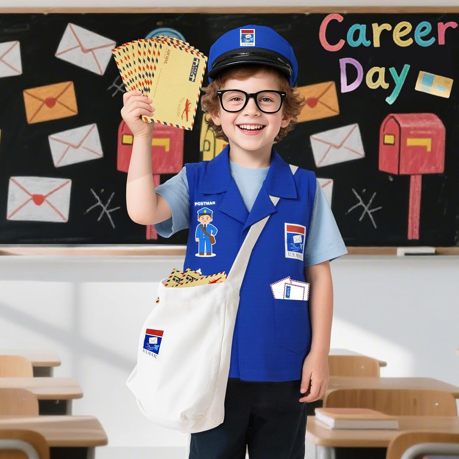 Kids Mailman Costume Set, Community Helper Postal Uniform with Mail Bag, Boy Dress Up for Role Play Career Day