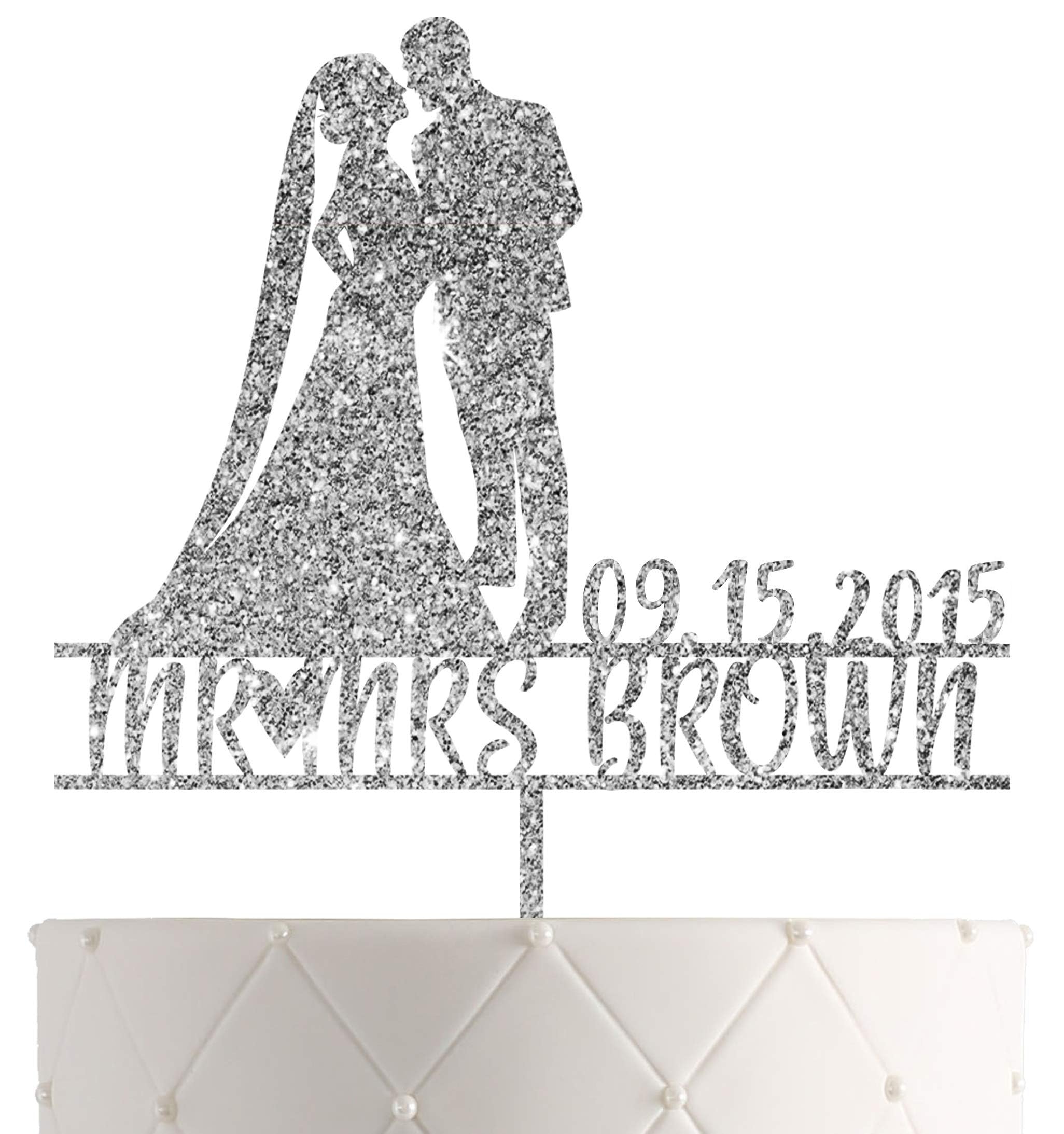 Personalized Wedding Cake Topper With Customized Bride and Groom Last Name or Marriage Date for Mr Mrs (Silv)