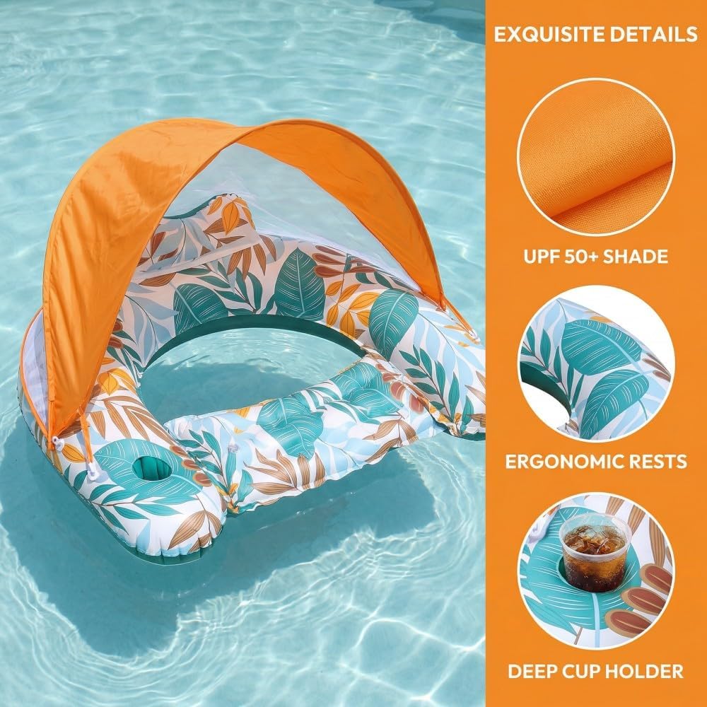 IISVGE Inflatable Pool Float with Removable Canopy, Tropical Leaf Print Pool Raft for Adults, Comfortable Water Lounge with Backrest and Cup Holder, Heavy Duty Inflatable Lounge for Pool, Lake&Beach